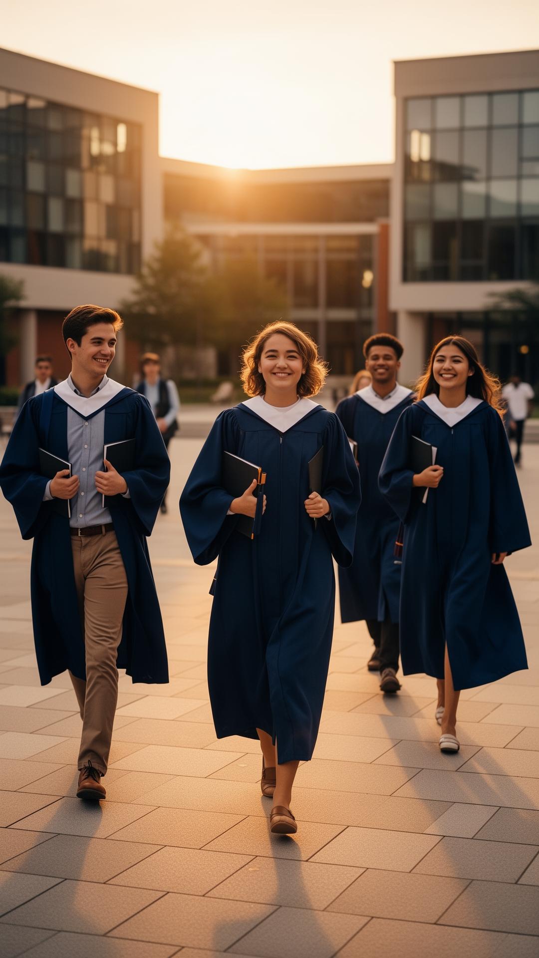 Graduate students walking across campus at golden hour
